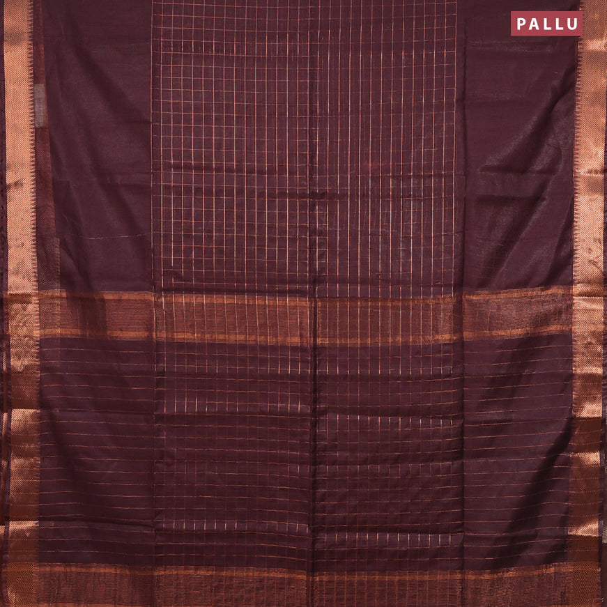 Semi tussar saree deep maroon and teal blue with allover copper zari checked pattern and copper zari woven border & kalamkari printed blouse