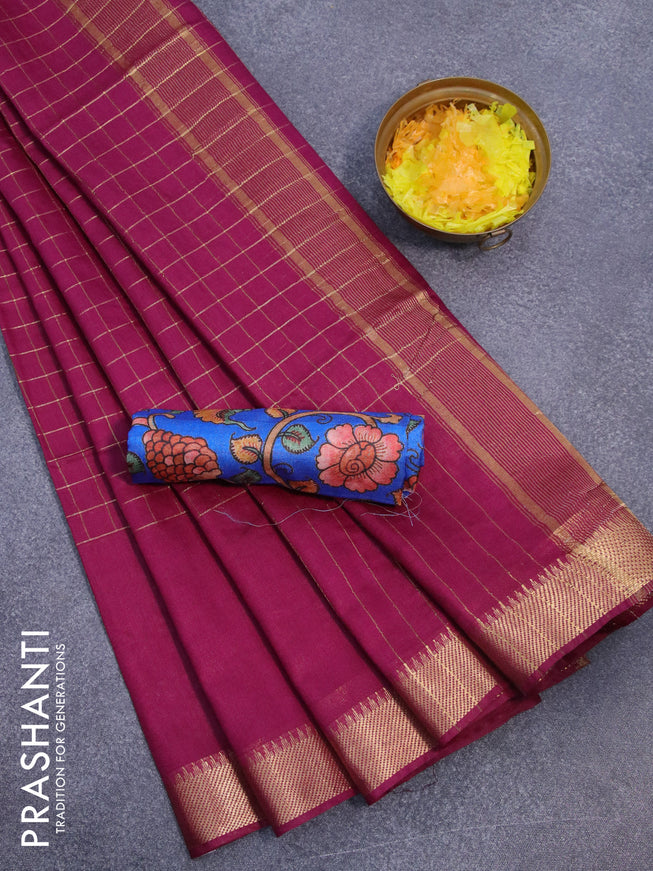Semi tussar saree dark magenta and blue with allover zari checked pattern and zari woven border & kalamkari printed blouse