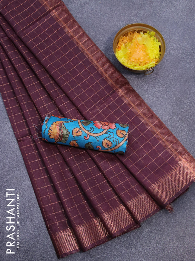 Semi tussar saree wine shade and teal blue with allover copper zari checked pattern and copper zari woven border & kalamkari printed blouse