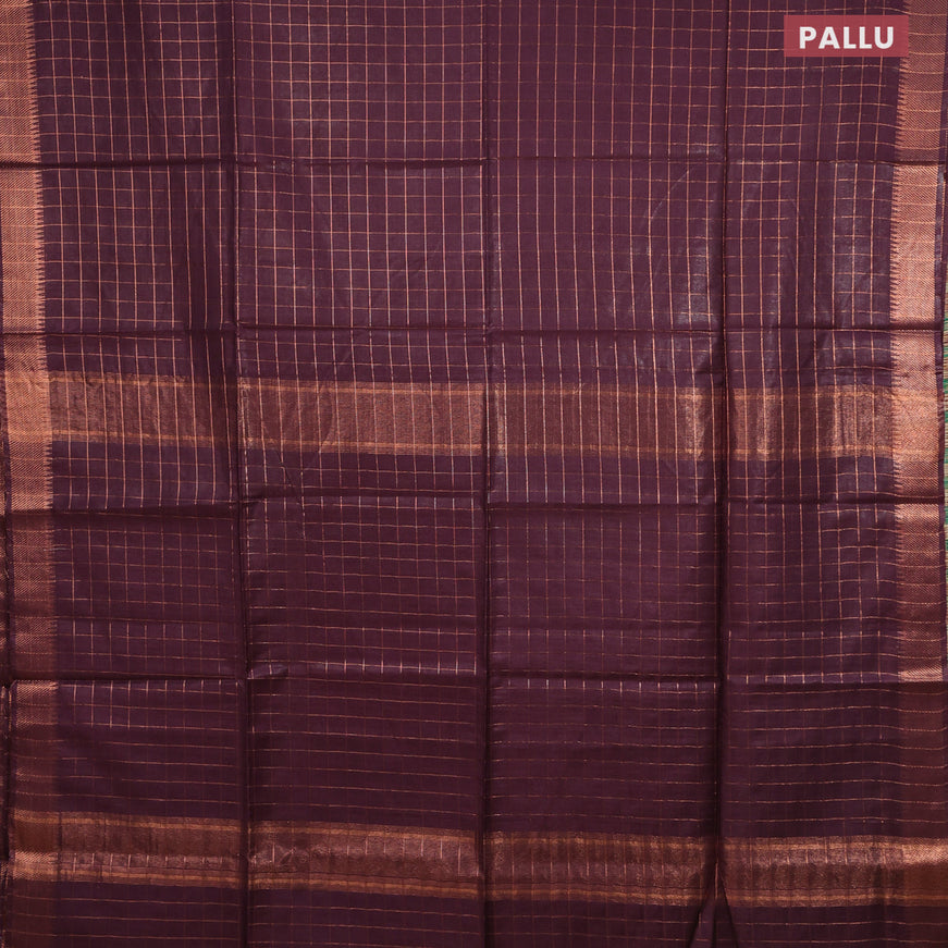 Semi tussar saree wine shade and teal blue with allover copper zari checked pattern and copper zari woven border & kalamkari printed blouse