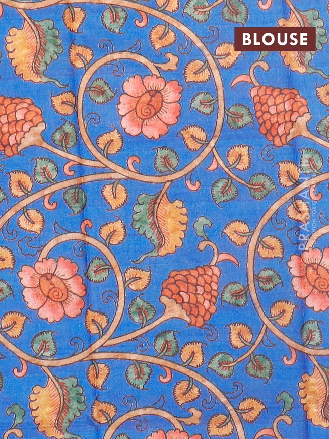 Semi tussar saree dark magenta and blue with allover zari checked pattern and zari woven border & kalamkari printed blouse