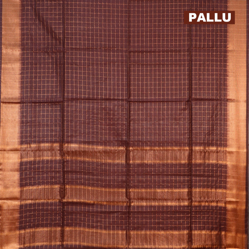 Semi tussar saree brown and teal blue with allover copper zari checked pattern and copper zari woven border & kalamkari printed blouse