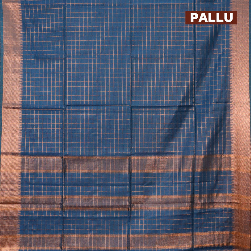 Semi tussar saree peacock blue and mustard yellow with allover copper zari checked pattern and copper zari woven border & kalamkari printed blouse