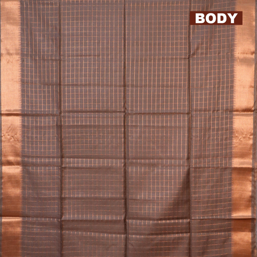 Semi tussar saree grey and green with allover copper zari checked pattern and copper zari woven border & kalamkari printed blouse