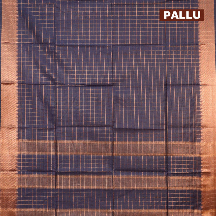 Semi tussar saree elephant grey and mustard yellow with allover copper zari checked pattern and copper zari woven border & kalamkari printed blouse