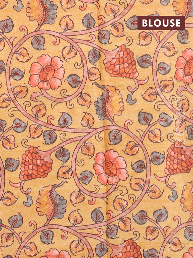 Semi tussar saree elephant grey and mustard yellow with allover copper zari checked pattern and copper zari woven border & kalamkari printed blouse