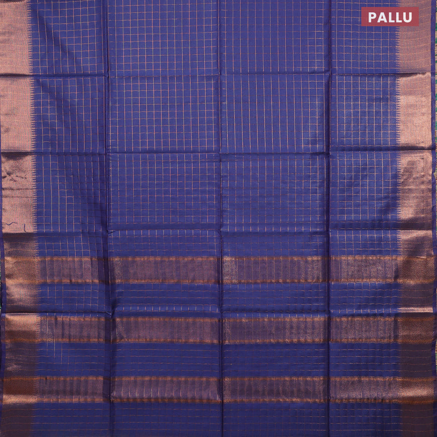 Semi tussar saree blue shade and pink with allover copper zari checked pattern and copper zari woven border & kalamkari printed blouse