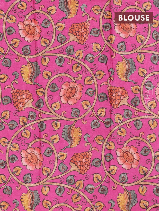 Semi tussar saree blue shade and pink with allover copper zari checked pattern and copper zari woven border & kalamkari printed blouse