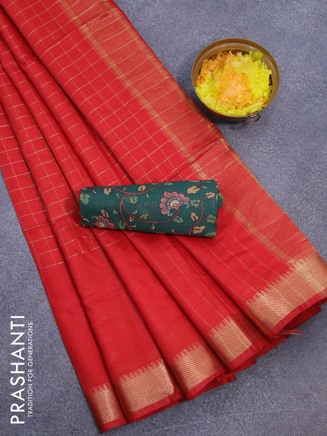 Semi tussar saree red and dark green with allover zari checked pattern and zari woven border & kalamkari printed blouse