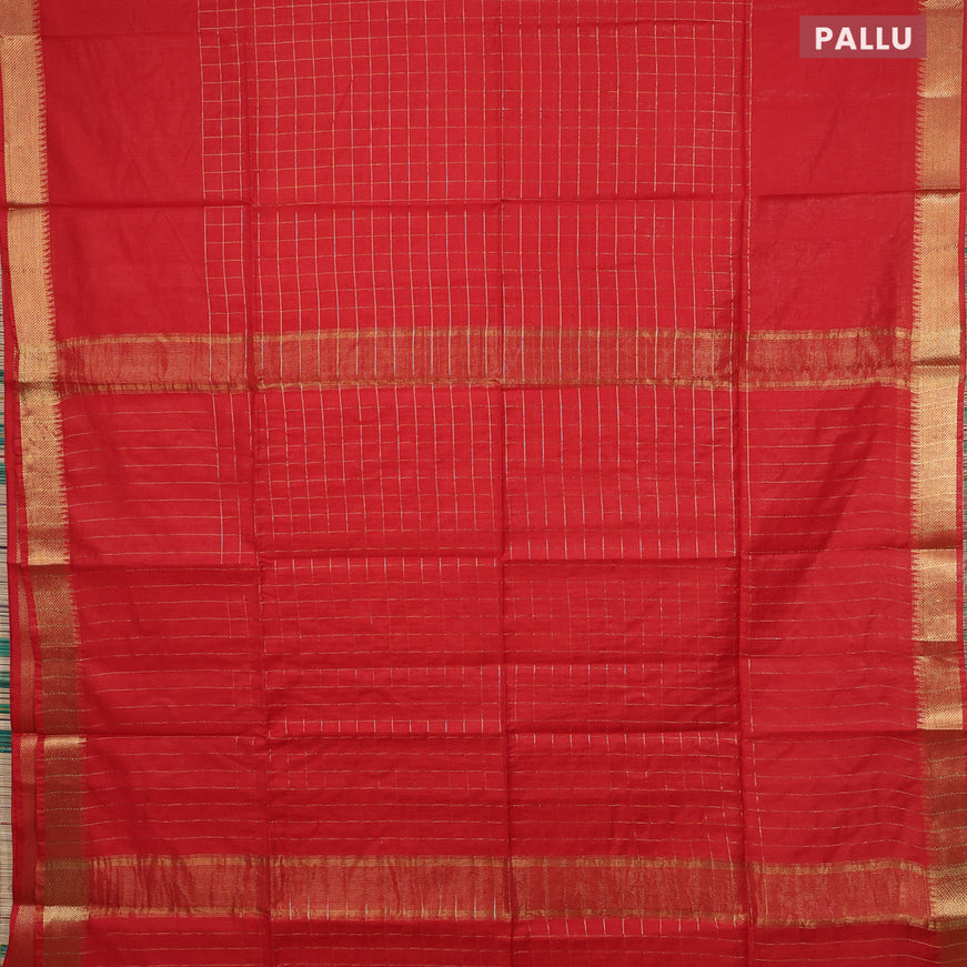 Semi tussar saree red and dark green with allover zari checked pattern and zari woven border & kalamkari printed blouse