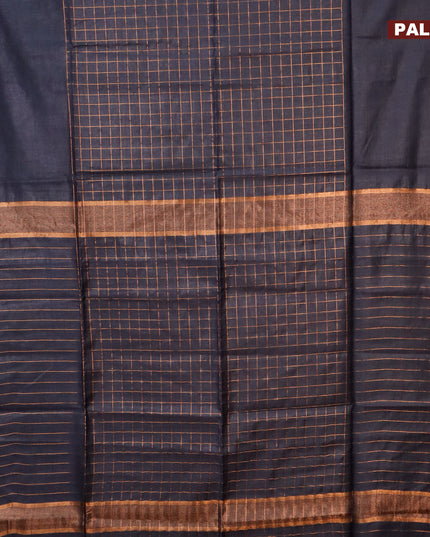 Semi tussar saree dark navy blue and mustard yellow with allover copper zari checked pattern and copper zari woven border & kalamkari printed blouse