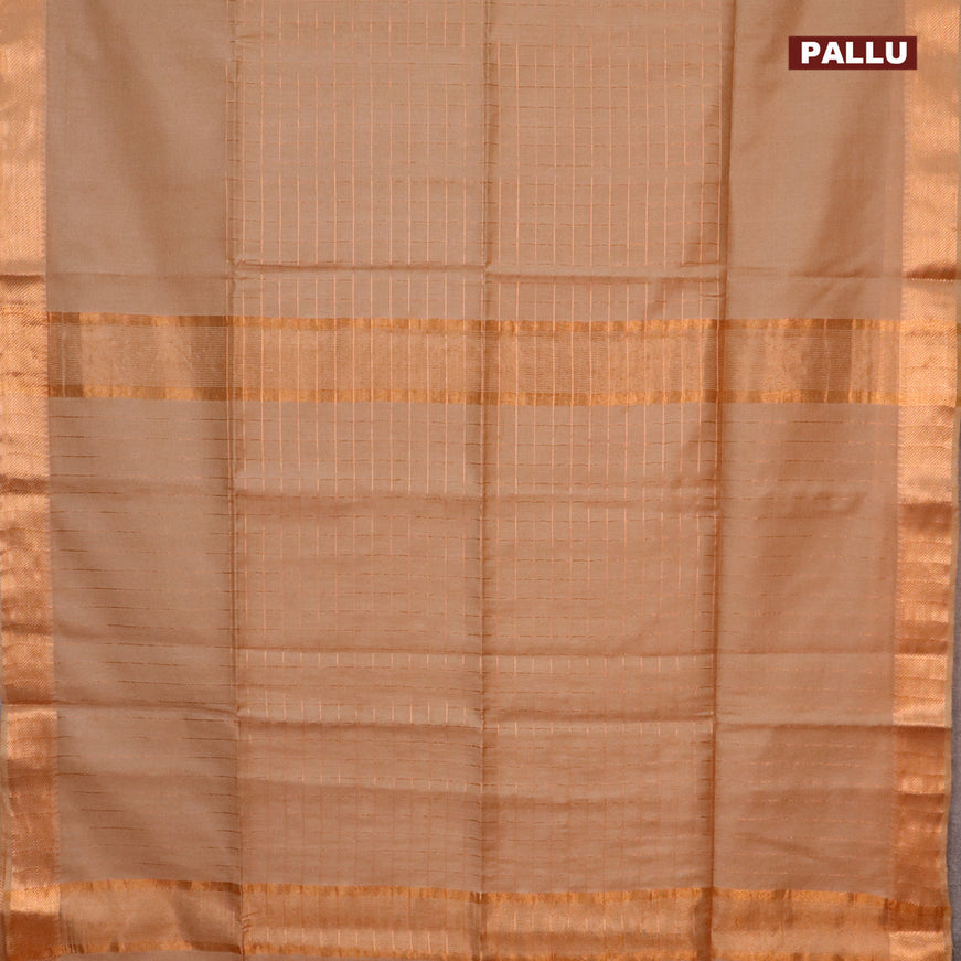 Semi tussar saree sandal and dark green with allover copper zari checked pattern and copper zari woven border & kalamkari printed blouse