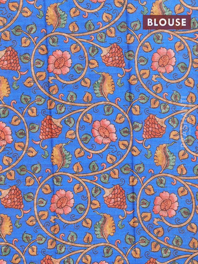 Semi tussar saree yellow and blue with allover copper zari checked pattern and copper zari woven border & kalamkari printed blouse