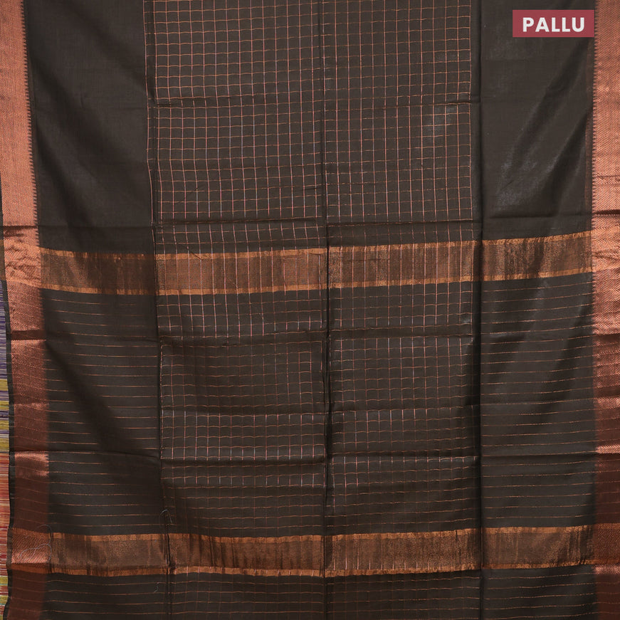 Semi tussar saree dark olive green and mustard yellow with allover copper zari checked pattern and copper zari woven border & kalamkari printed blouse