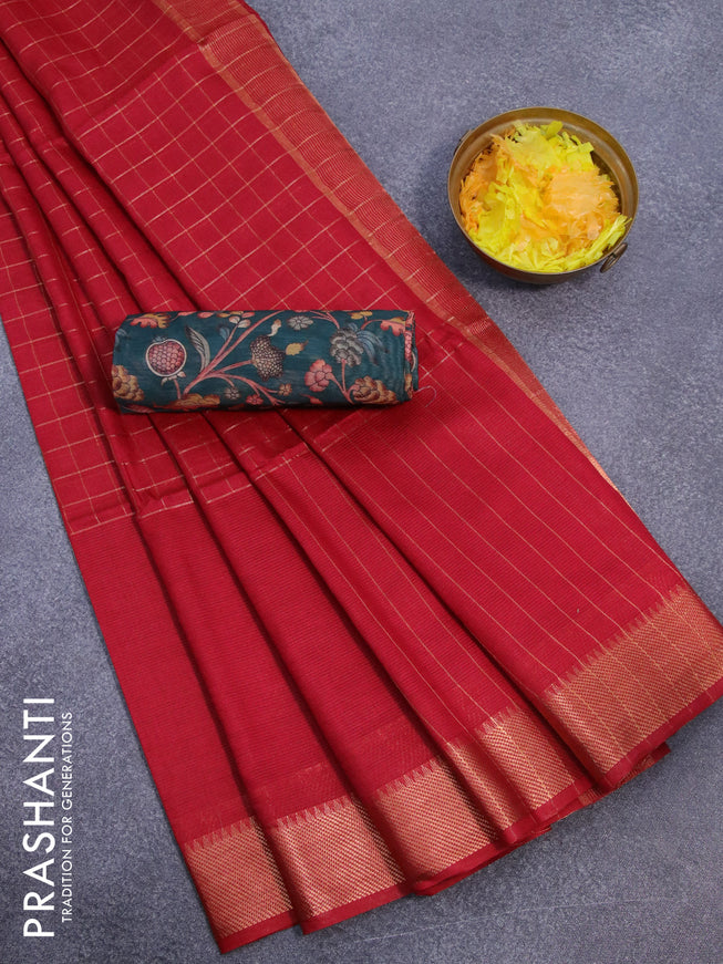 Semi tussar saree red and dark green with allover copper zari checked pattern and copper zari woven border & kalamkari printed blouse