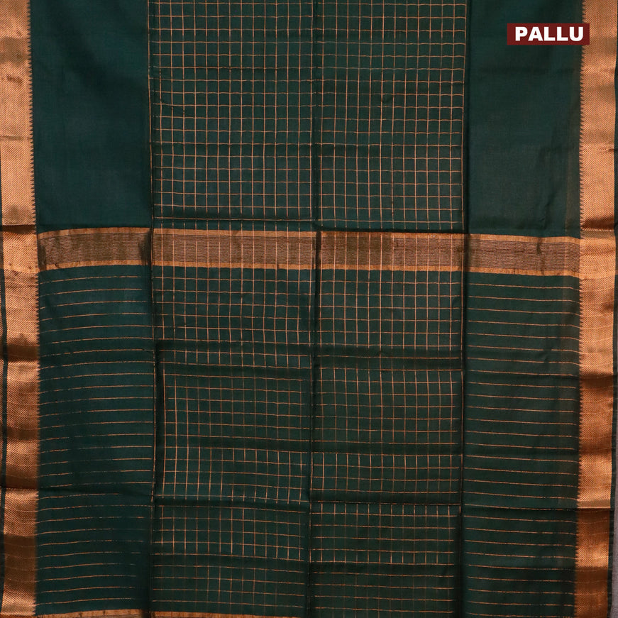 Semi tussar saree dark green and pink with allover copper zari checked pattern and copper zari woven border & kalamkari printed blouse