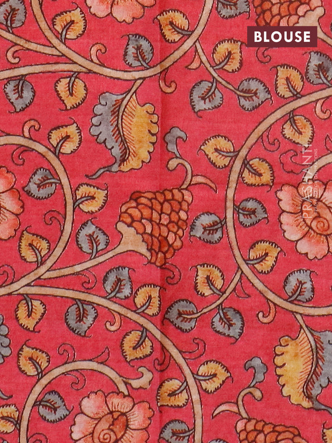 Semi tussar saree dark green and pink with allover copper zari checked pattern and copper zari woven border & kalamkari printed blouse