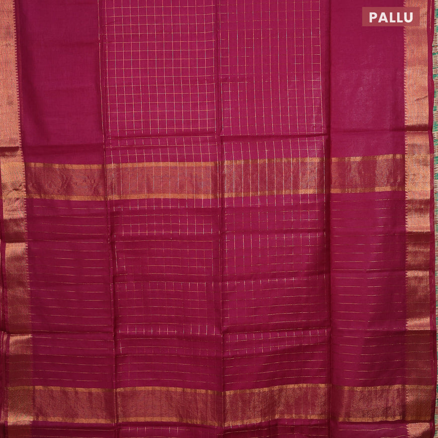 Semi tussar saree dark magenta and blue with allover copper zari checked pattern and copper zari woven border & kalamkari printed blouse
