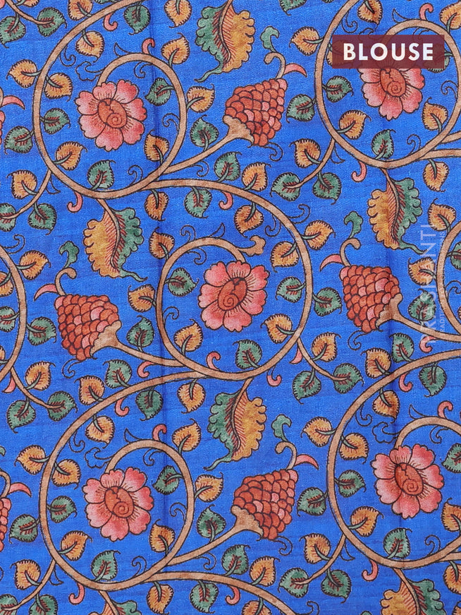 Semi tussar saree dark magenta and blue with allover copper zari checked pattern and copper zari woven border & kalamkari printed blouse