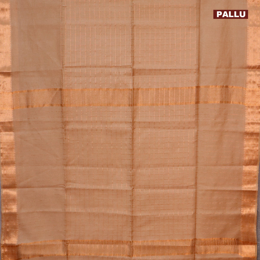 Semi tussar saree beige and teal blue with allover copper zari checked pattern and copper zari woven border & kalamkari printed blouse