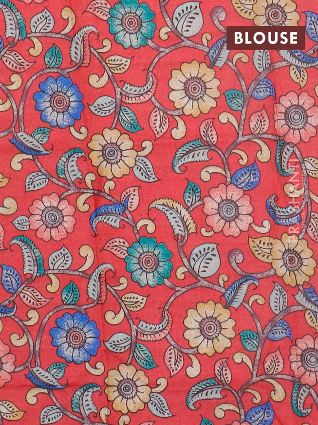 Semi tussar saree pastel blue and reddish pink with plain body and copper zari woven border & kalamkari printed blouse