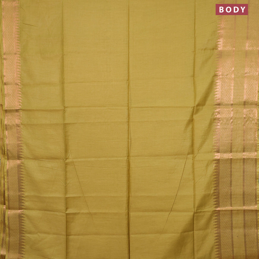 Semi tussar saree lime yellow and reddish pink with plain body and copper zari woven border & kalamkari printed blouse