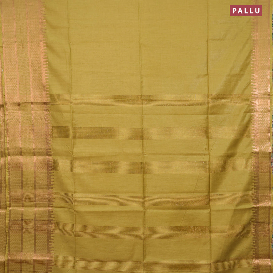 Semi tussar saree lime yellow and reddish pink with plain body and copper zari woven border & kalamkari printed blouse