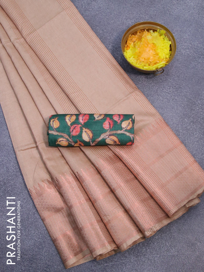 Semi tussar saree sandal and green with plain body and copper zari woven border & kalamkari printed blouse