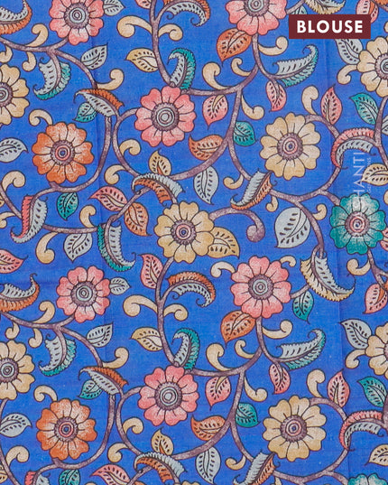 Semi tussar saree pink and blue with plain body and copper zari woven border & kalamkari printed blouse