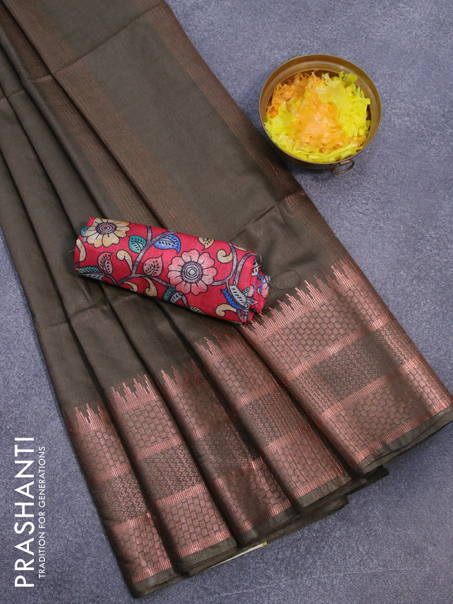 Semi tussar saree grey shade and red with plain body and copper zari woven border & kalamkari printed blouse