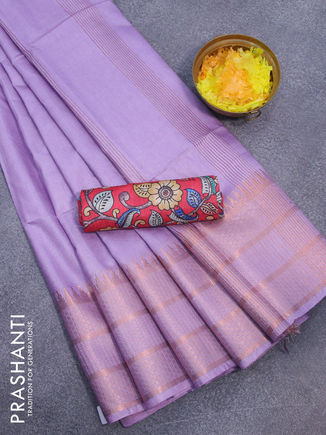 Semi tussar saree lavender and red with plain body and copper zari woven border & kalamkari printed blouse