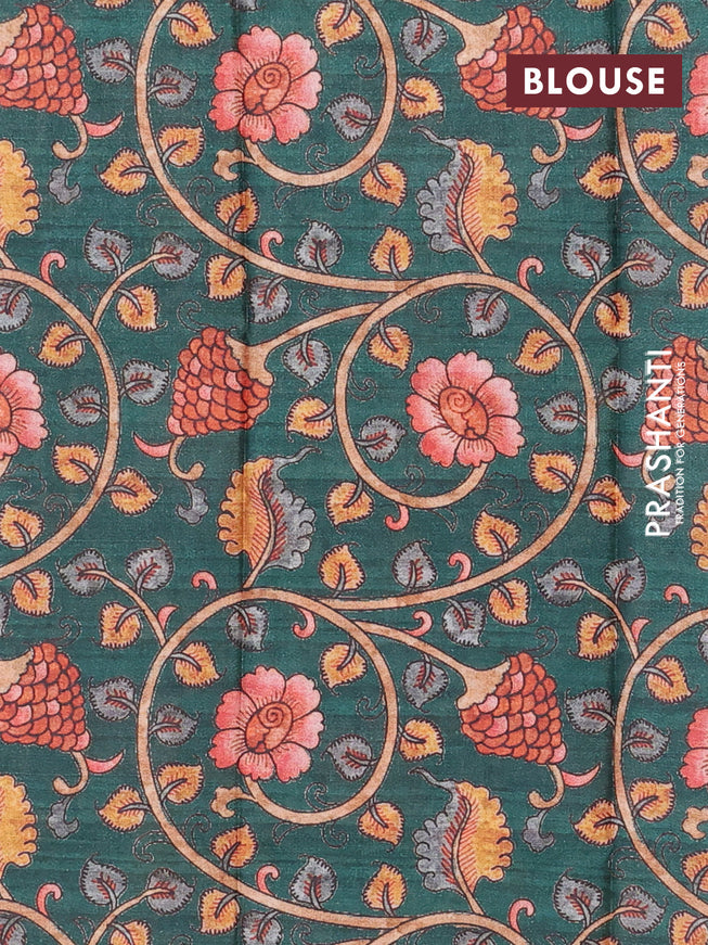Semi tussar saree grey shade and dark green with plain body and copper zari woven border & kalamkari printed blouse