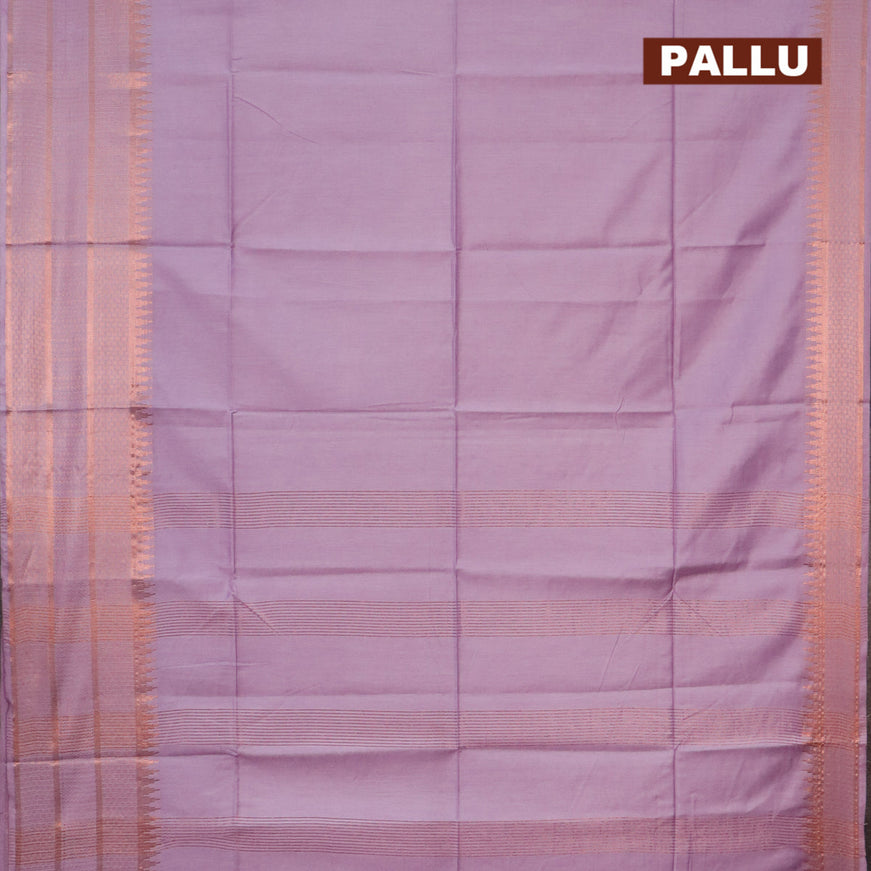 Semi tussar saree lavender and pink with plain body and copper zari woven border & kalamkari printed blouse