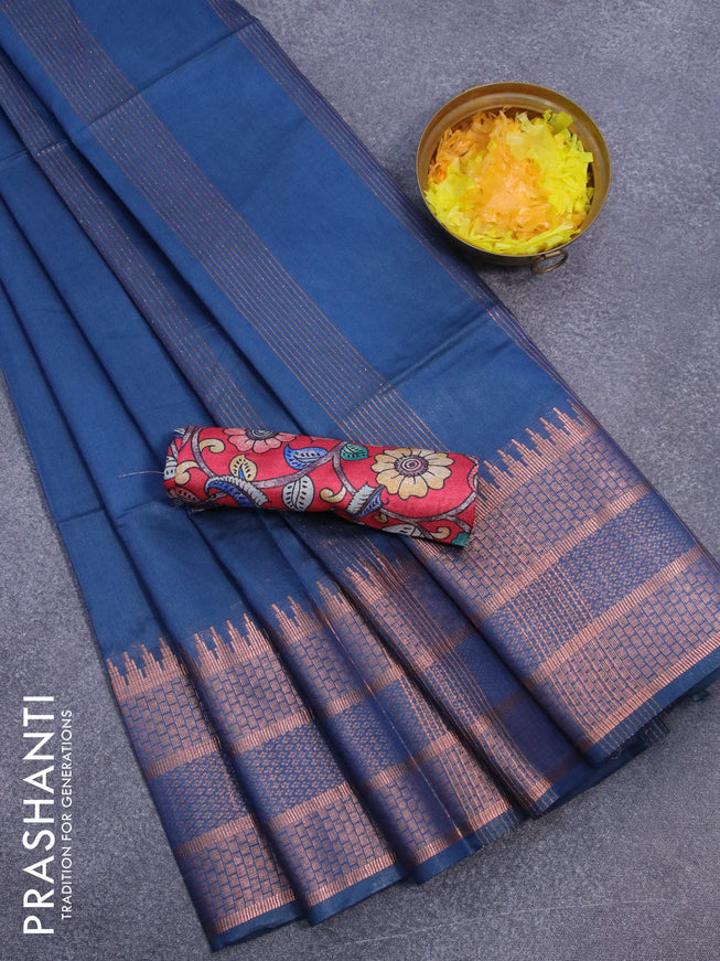 Semi tussar saree dark peacock blue and reddish pink with plain body and copper zari woven border & kalamkari printed blouse