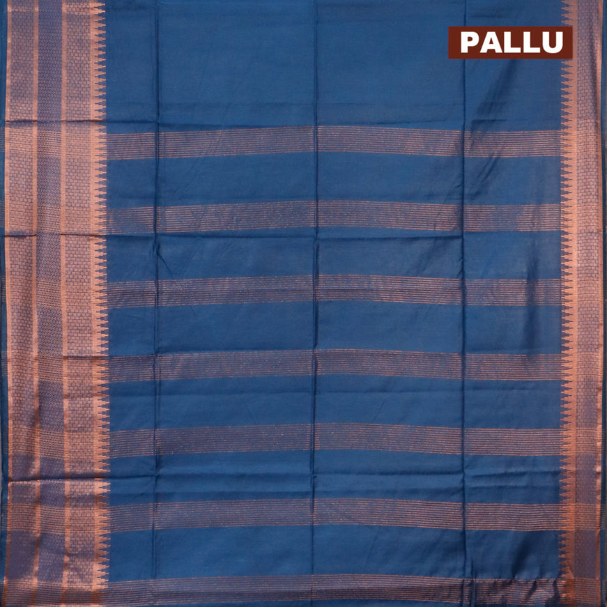 Semi tussar saree dark peacock blue and reddish pink with plain body and copper zari woven border & kalamkari printed blouse
