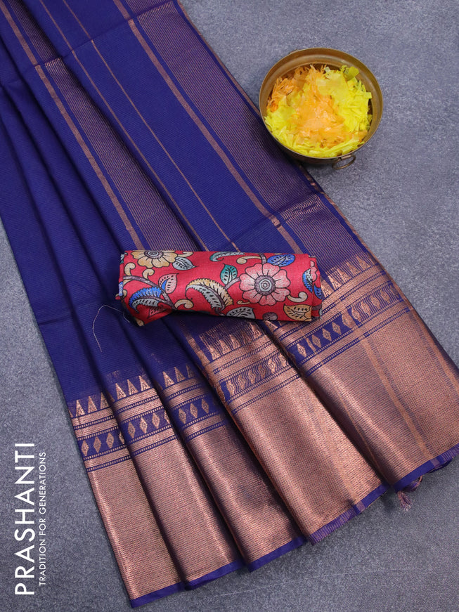Semi tussar saree blue and reddish pink with plain body and copper zari woven border & kalamkari printed blouse