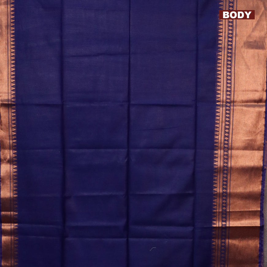 Semi tussar saree blue and reddish pink with plain body and copper zari woven border & kalamkari printed blouse