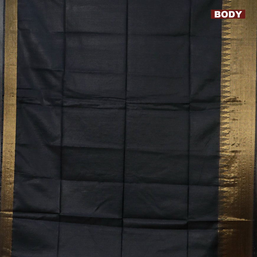 Semi tussar saree black and mustard yellow with plain body and temple design zari woven border & kalamkari printed blouse