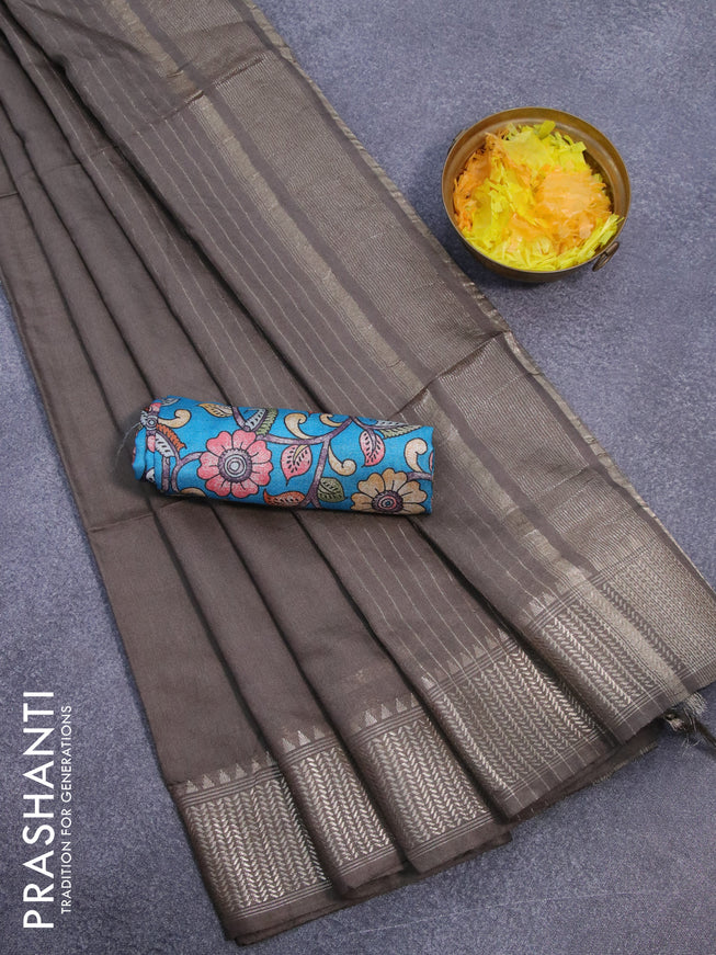 Semi tussar saree grey and teal blue with plain body and zari woven border & kalamkari printed blouse