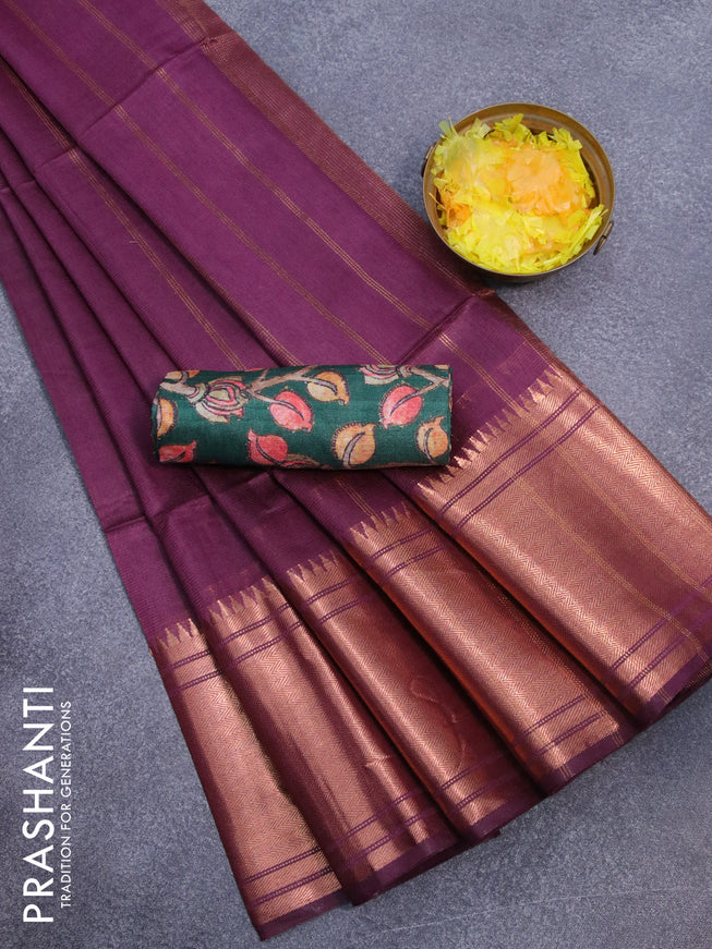 Semi tussar saree wine shade and dark green with plain body and long copper zari woven border & kalamkari printed blouse