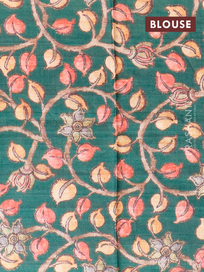 Semi tussar saree wine shade and dark green with plain body and long copper zari woven border & kalamkari printed blouse