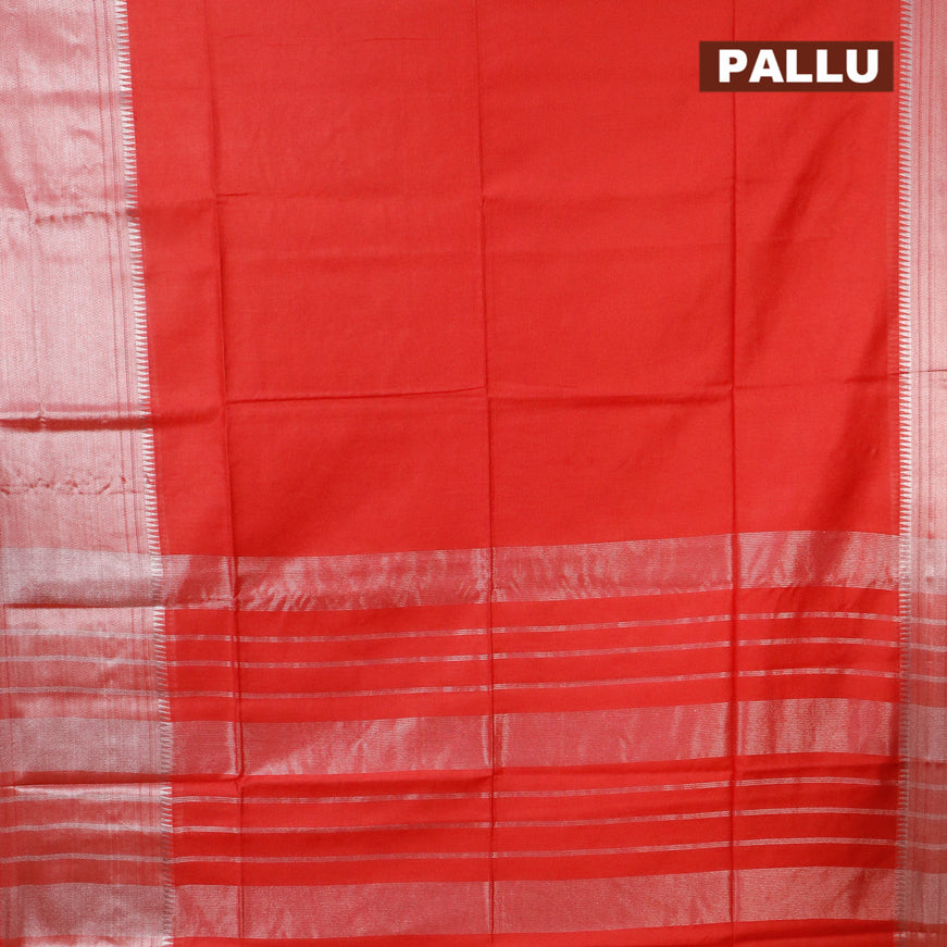 Semi tussar saree red and pastel blue with plain body and long silver zari woven border & kalamkari printed blouse