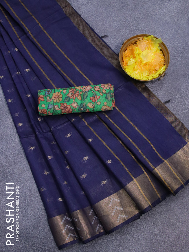 Semi tussar saree navy blue and green with allover zari woven geometric buttas and zari woven border & kalamkari printed blouse