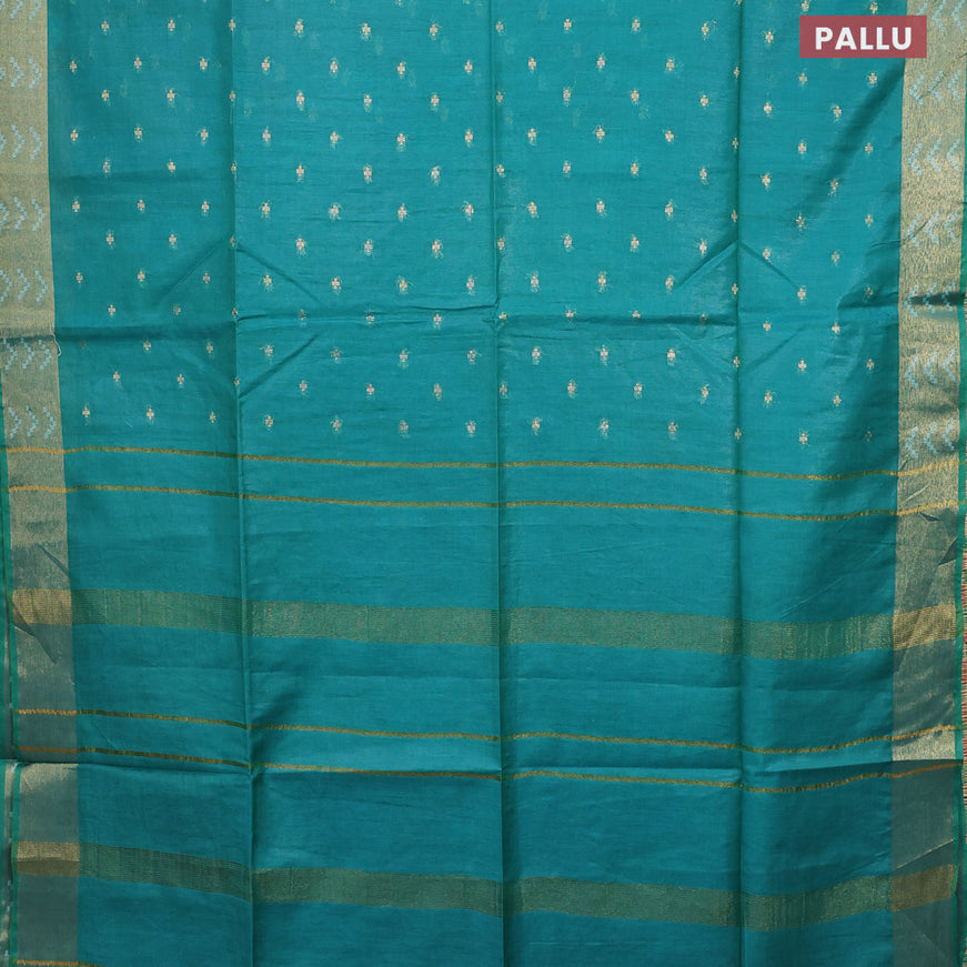Semi tussar saree teal green and maroon shade with allover zari woven geometric buttas and zari woven border & kalamkari printed blouse