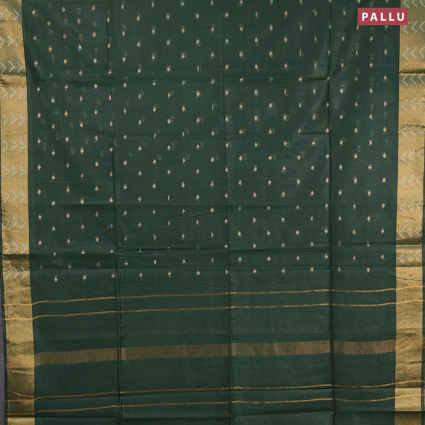 Semi tussar saree dark green and navy blue with allover zari woven geometric buttas and zari woven border & kalamkari printed blouse