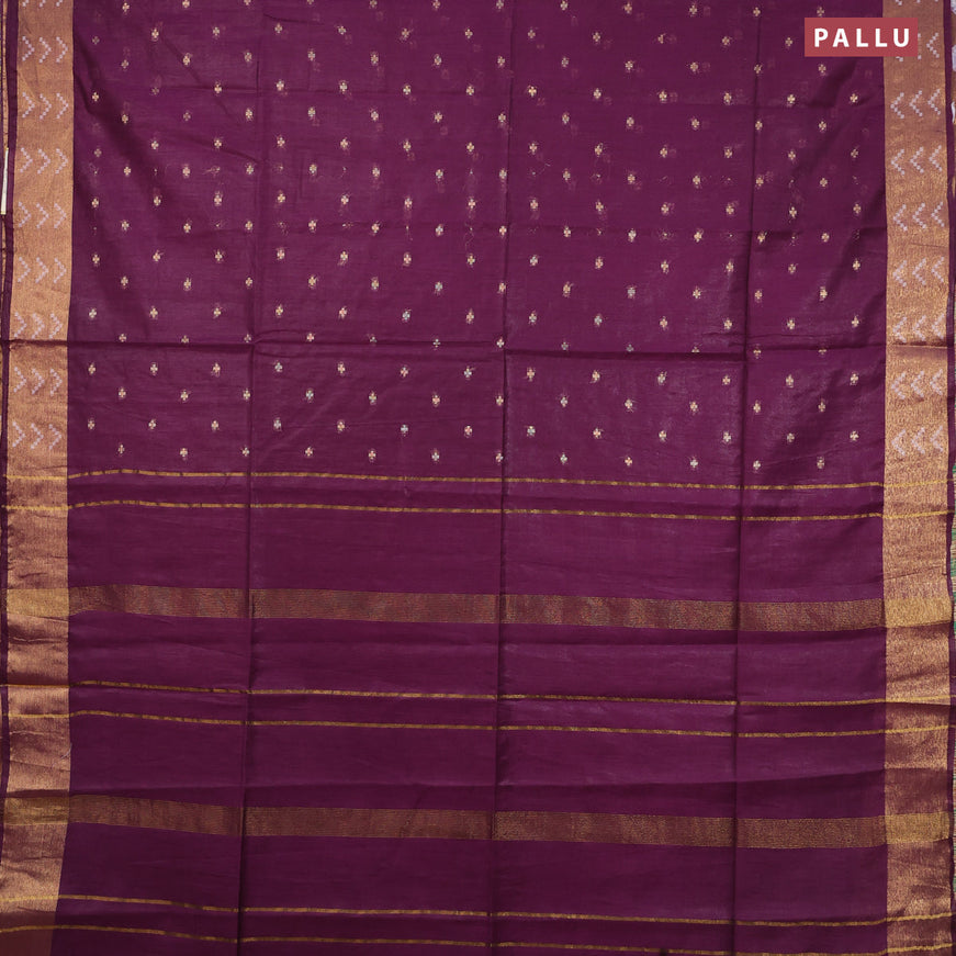 Semi tussar saree purple and mustard yellow with allover zari woven geometric buttas and zari woven border & kalamkari printed blouse