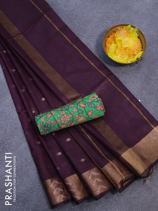Semi tussar saree wine shade and green with allover zari woven geometric buttas and zari woven border & kalamkari printed blouse