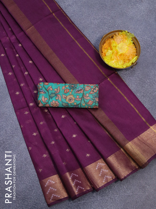Semi tussar saree purple and green with allover zari woven geometric buttas and zari woven border & kalamkari printed blouse
