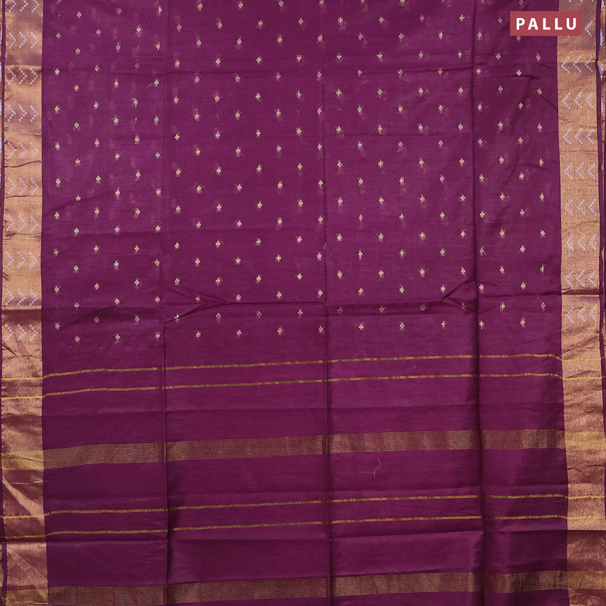 Semi tussar saree purple and green with allover zari woven geometric buttas and zari woven border & kalamkari printed blouse