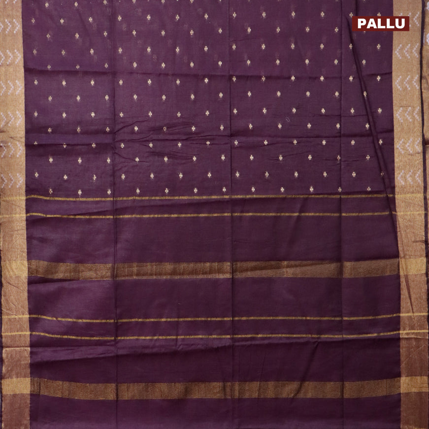 Semi tussar saree wine shade and blue with allover zari woven geometric buttas and zari woven border & kalamkari printed blouse